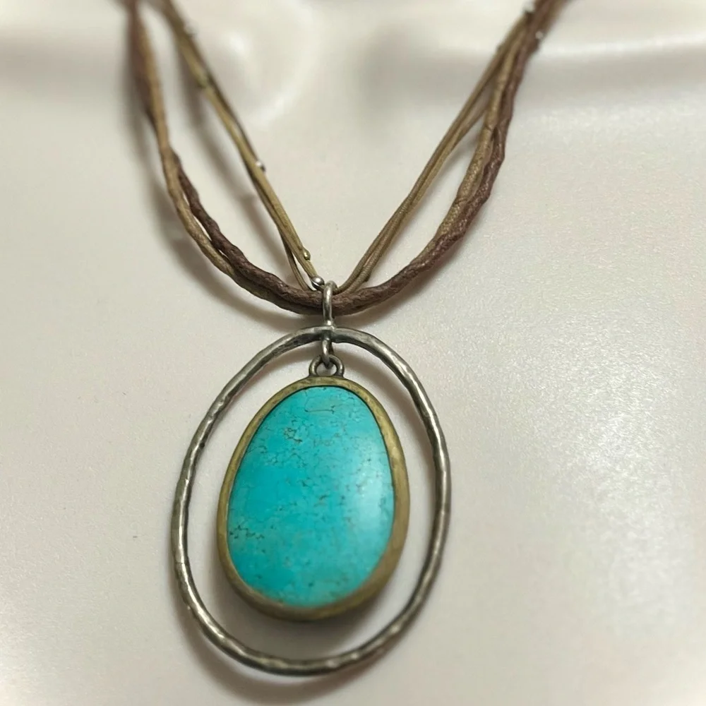 Silpada Howlite Turquoise Pendant Necklace with Brown Cord .925 Silver frame. - Picture 5 of 9